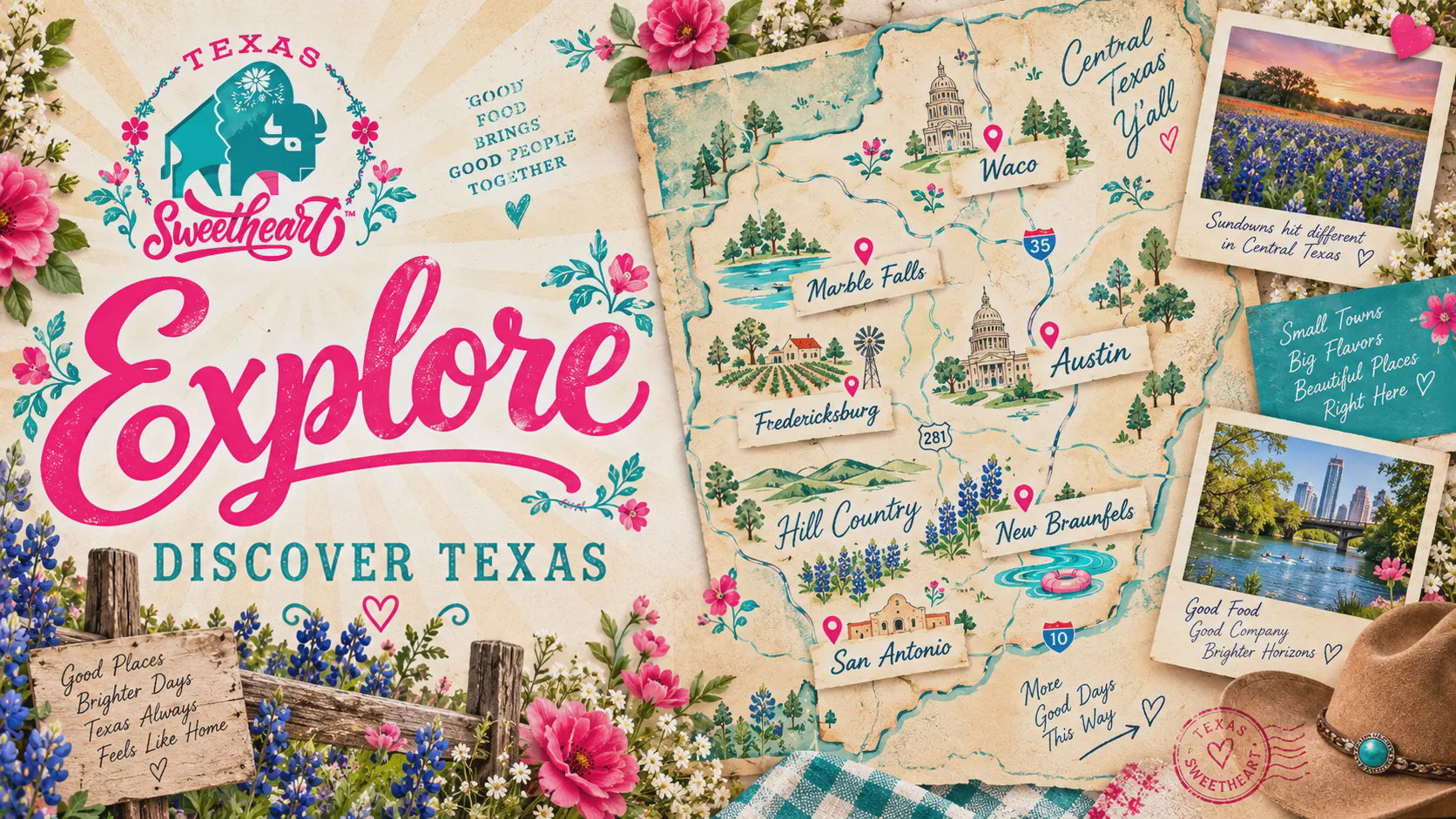Texas Sweetheart illustrated Texas map with Explore — Discover Texas artwork
