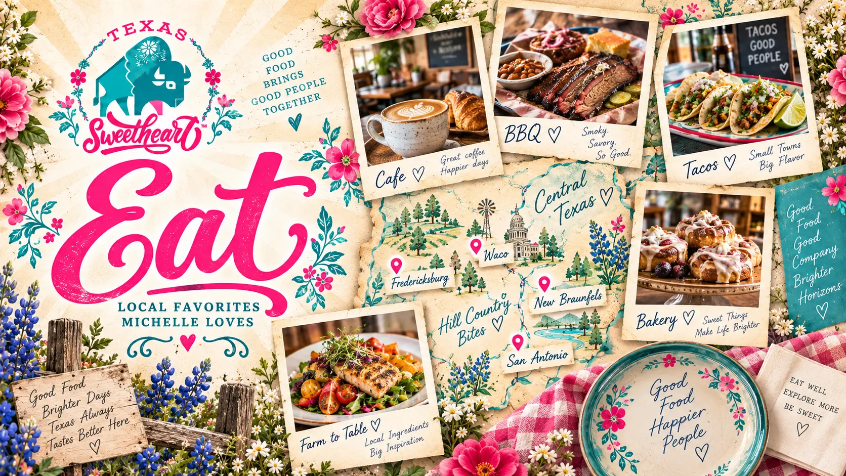 Texas Sweetheart Eat — collage of cafe, BBQ, tacos, bakery and farm-to-table photos with a Central Texas map, under the headline Local Favorites Michelle Loves