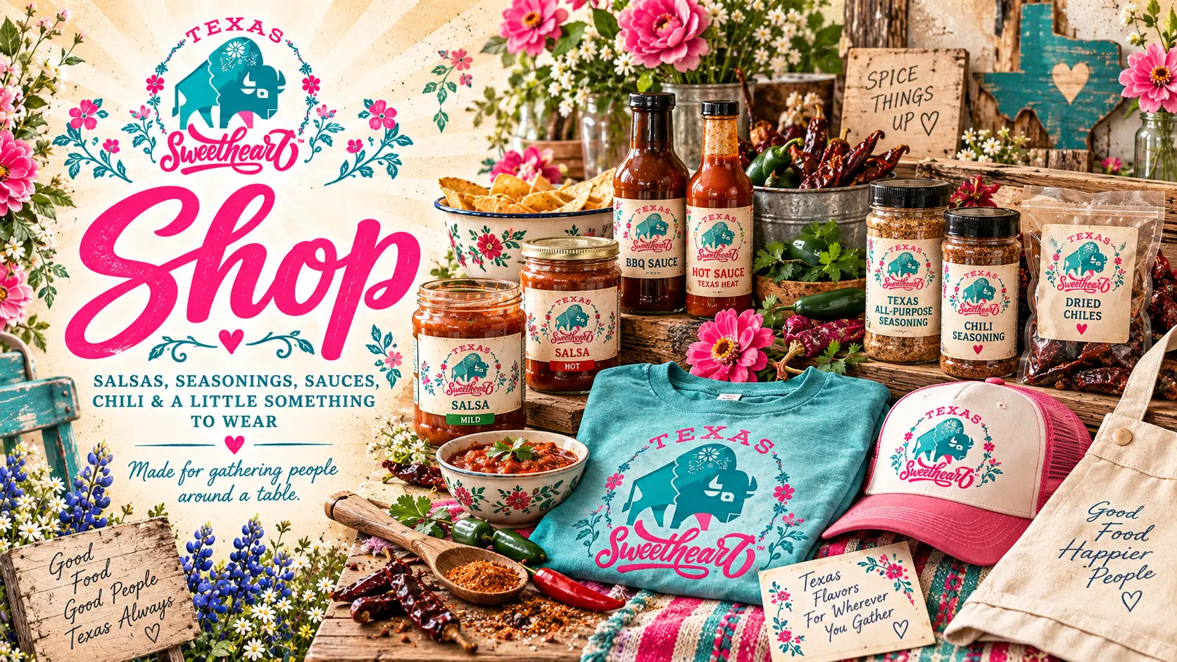 Texas Sweetheart Shop — collage of salsas, seasonings, sauces, dried chiles, a branded t-shirt, cap and tote with florals, under the headline Shop: Salsas, Seasonings, Sauces, Chili & a Little Something to Wear